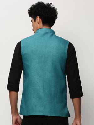 Men's Solid Blue Nehru Jackets 4