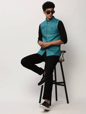 Men's Solid Blue Nehru Jackets 5