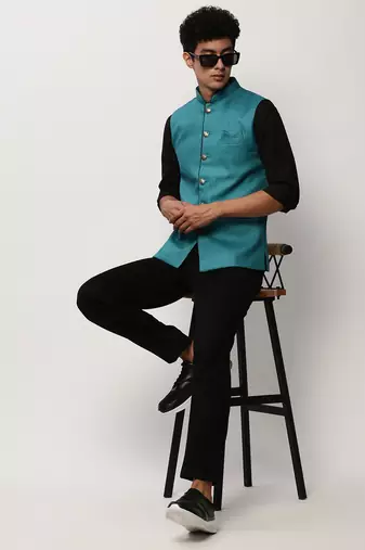 Men's Solid Blue Nehru Jackets