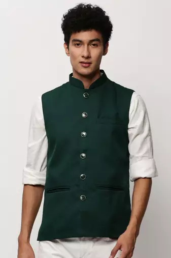 SHOWOFF Men's Solid Green Nehru Jackets