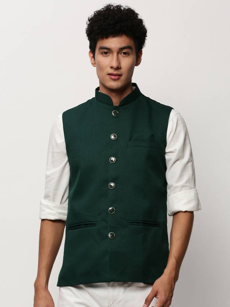 SHOWOFF Men's Solid Green Nehru Jackets