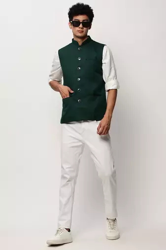 SHOWOFF Men's Solid Green Nehru Jackets