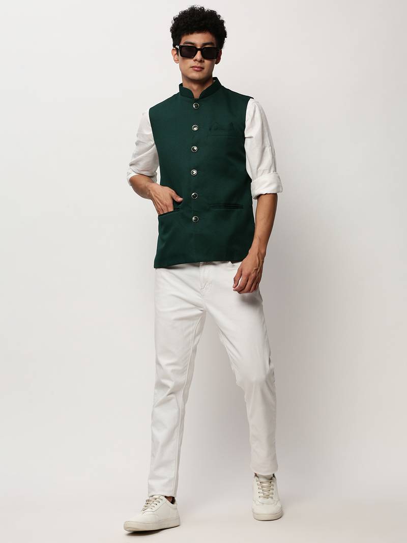 SHOWOFF Men's Solid Green Nehru Jackets