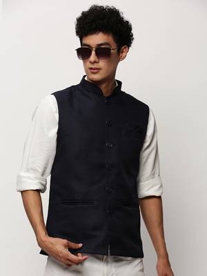 Men's Solid Navy Blue Nehru Jackets 1