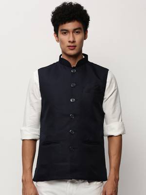 Men's Solid Navy Blue Nehru Jackets 2