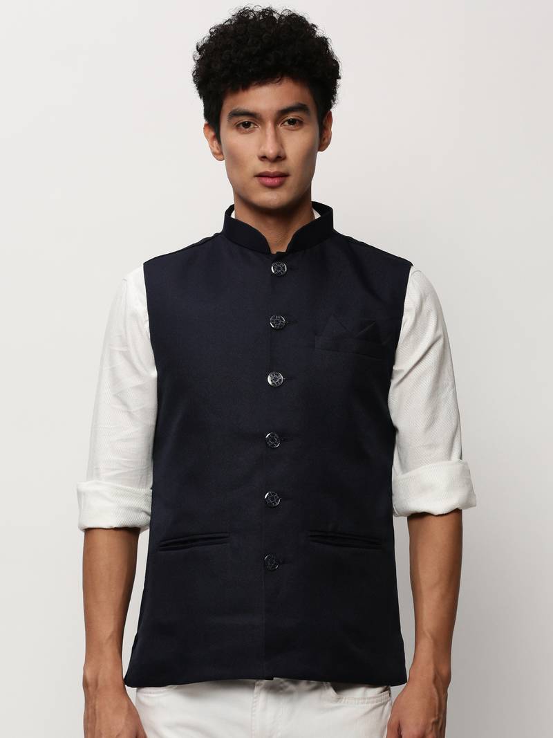 Men's Solid Navy Blue Nehru Jackets