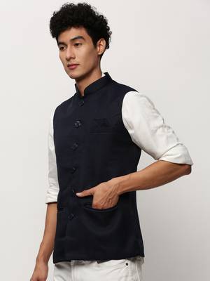 Men's Solid Navy Blue Nehru Jackets 3