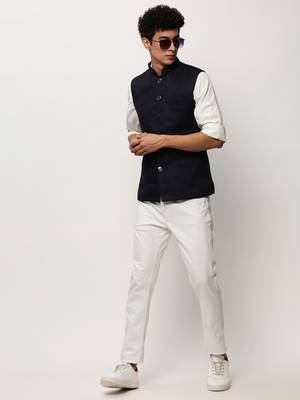 Men's Solid Navy Blue Nehru Jackets 5