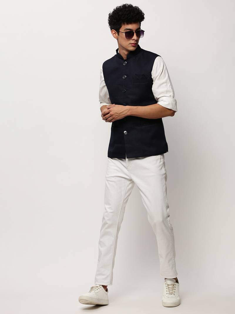 Men's Solid Navy Blue Nehru Jackets