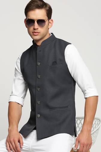 SHOWOFF Men's Slim Fit Mandarin Collar Solid Charcoal Nehru Jacket