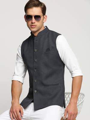 SHOWOFF Men's Slim Fit Mandarin Collar Solid Charcoal Nehru Jacket 1