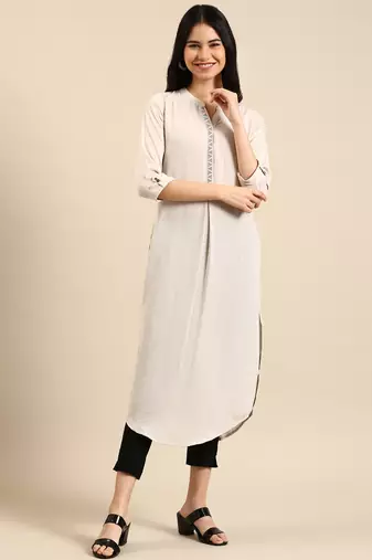 women's calf length mandarin collar off white solid straight kurta