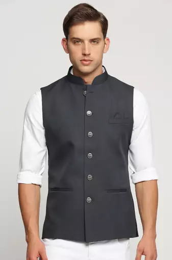 SHOWOFF Men's Slim Fit Mandarin Collar Solid Charcoal Nehru Jacket
