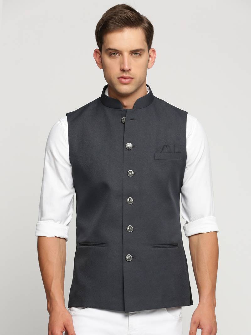 SHOWOFF Men's Slim Fit Mandarin Collar Solid Charcoal Nehru Jacket