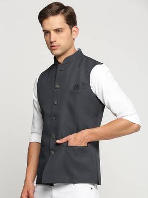 SHOWOFF Men's Slim Fit Mandarin Collar Solid Charcoal Nehru Jacket 3