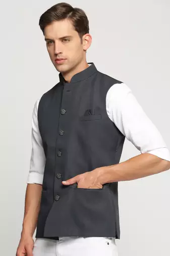 SHOWOFF Men's Slim Fit Mandarin Collar Solid Charcoal Nehru Jacket