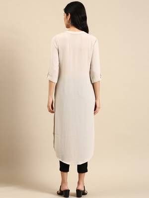 women's calf length mandarin collar off white solid straight kurta 5