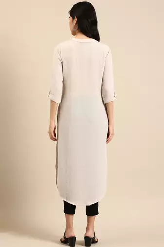women's calf length mandarin collar off white solid straight kurta