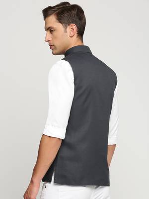 SHOWOFF Men's Slim Fit Mandarin Collar Solid Charcoal Nehru Jacket 4