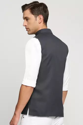 SHOWOFF Men's Slim Fit Mandarin Collar Solid Charcoal Nehru Jacket