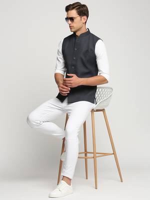 SHOWOFF Men's Slim Fit Mandarin Collar Solid Charcoal Nehru Jacket 5