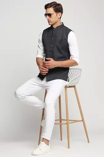 SHOWOFF Men's Slim Fit Mandarin Collar Solid Charcoal Nehru Jacket