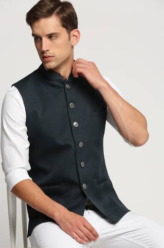 SHOWOFF Men's Slim Fit Mandarin Collar Solid Green Nehru Jacket