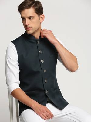 SHOWOFF Men's Slim Fit Mandarin Collar Solid Green Nehru Jacket 1