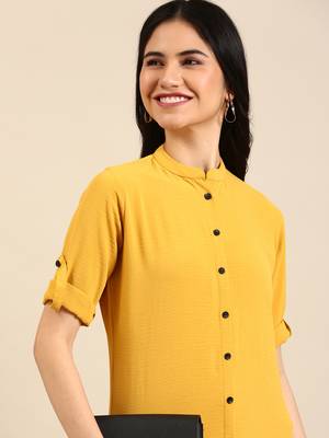 women's calf length mandarin collar yellow solid straight kurta 2