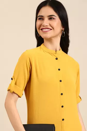 women's calf length mandarin collar yellow solid straight kurta