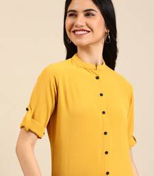 women's calf length mandarin collar yellow solid straight kurta