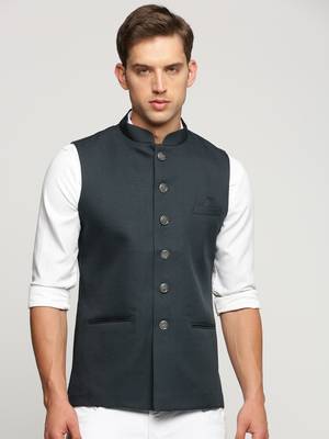 SHOWOFF Men's Slim Fit Mandarin Collar Solid Green Nehru Jacket 2
