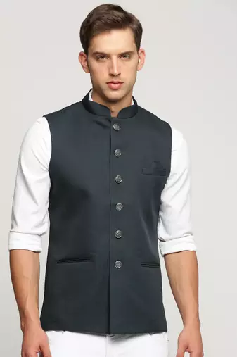 SHOWOFF Men's Slim Fit Mandarin Collar Solid Green Nehru Jacket