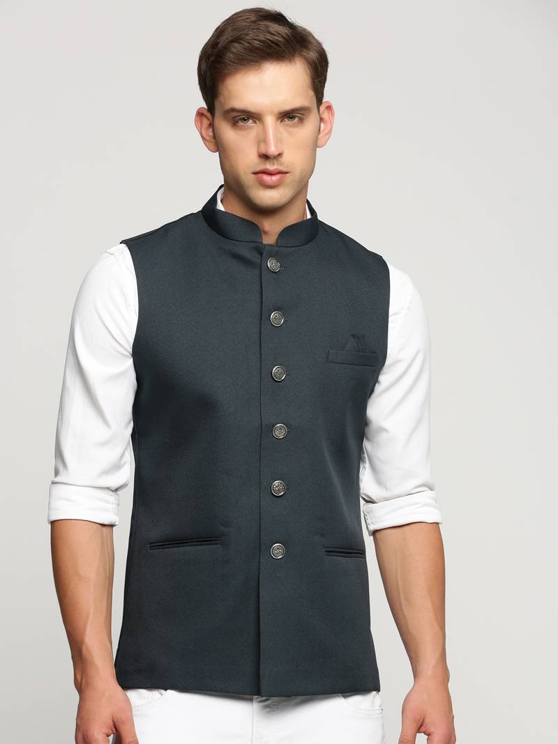 SHOWOFF Men's Slim Fit Mandarin Collar Solid Green Nehru Jacket