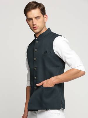 SHOWOFF Men's Slim Fit Mandarin Collar Solid Green Nehru Jacket 3