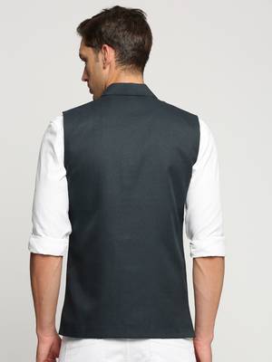SHOWOFF Men's Slim Fit Mandarin Collar Solid Green Nehru Jacket 4