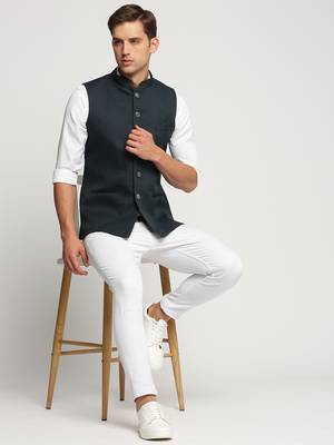 SHOWOFF Men's Slim Fit Mandarin Collar Solid Green Nehru Jacket 5