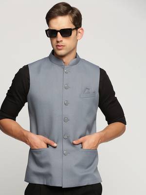 SHOWOFF Men's Slim Fit Mandarin Collar Solid Grey Nehru Jacket 1