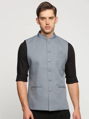 SHOWOFF Men's Slim Fit Mandarin Collar Solid Grey Nehru Jacket 2