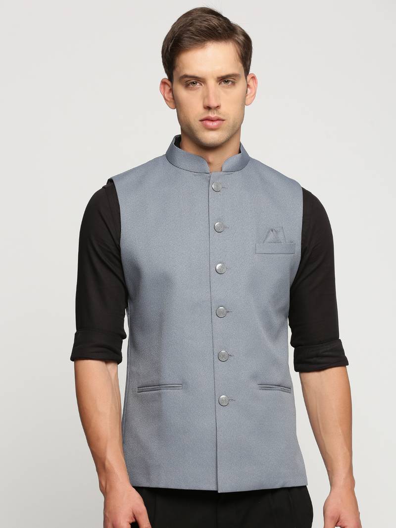 SHOWOFF Men's Slim Fit Mandarin Collar Solid Grey Nehru Jacket