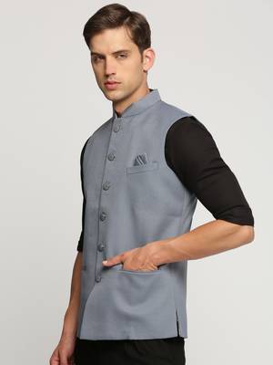 SHOWOFF Men's Slim Fit Mandarin Collar Solid Grey Nehru Jacket 3