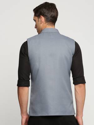 SHOWOFF Men's Slim Fit Mandarin Collar Solid Grey Nehru Jacket 4