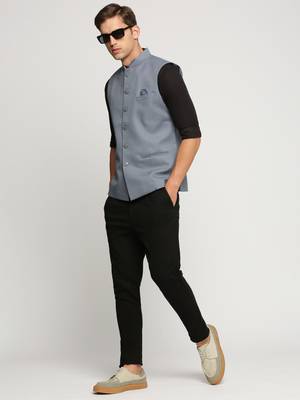 SHOWOFF Men's Slim Fit Mandarin Collar Solid Grey Nehru Jacket 5