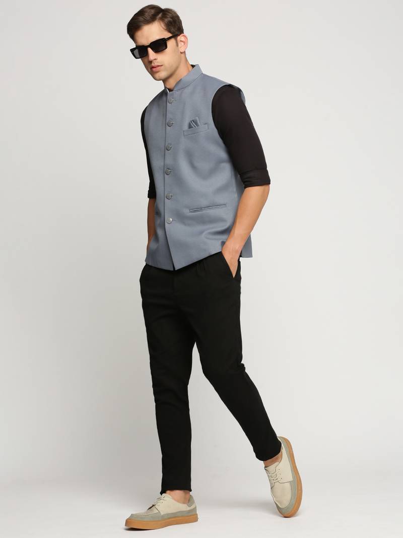 SHOWOFF Men's Slim Fit Mandarin Collar Solid Grey Nehru Jacket