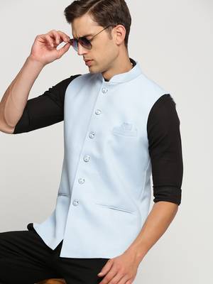 Men's Slim Fit Mandarin Collar Solid Turquoise Blue Nehru Jacket 1