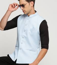 Men's Slim Fit Mandarin Collar Solid Turquoise Blue Nehru Jacket