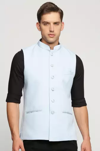 Men's Slim Fit Mandarin Collar Solid Turquoise Blue Nehru Jacket