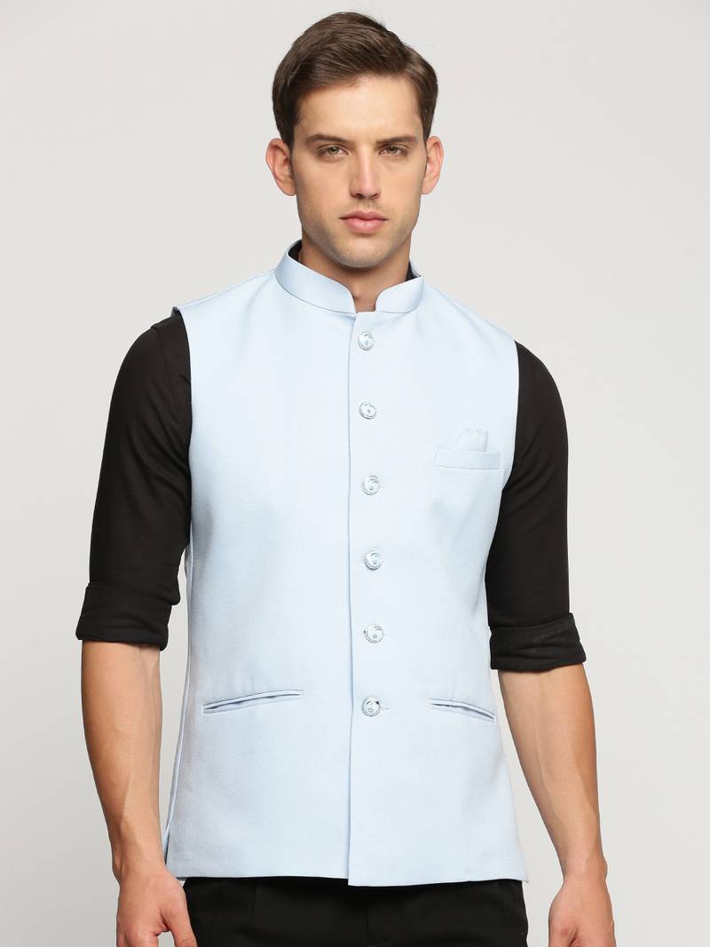 Men's Slim Fit Mandarin Collar Solid Turquoise Blue Nehru Jacket