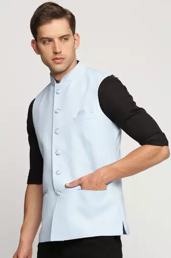 Men's Slim Fit Mandarin Collar Solid Turquoise Blue Nehru Jacket