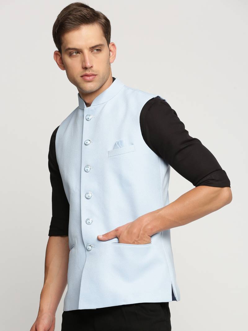 Men's Slim Fit Mandarin Collar Solid Turquoise Blue Nehru Jacket